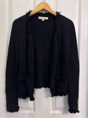 LOFT Waffle Weave Fringed-Hem Open Cardigan